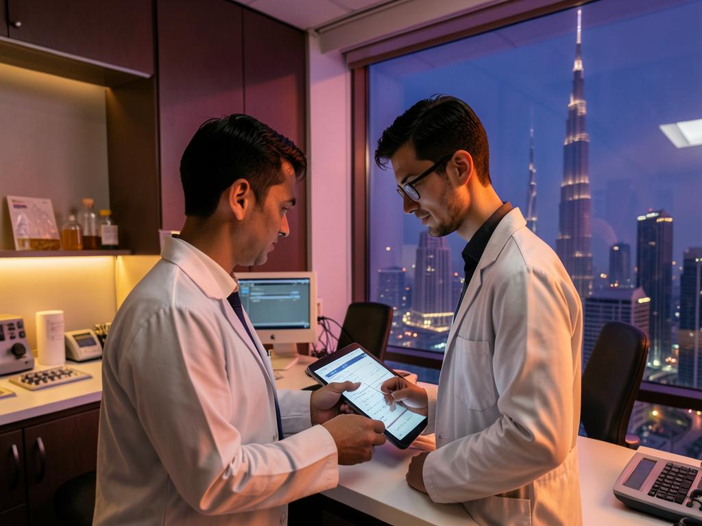 Clinicians reviewing diagnostics reports in a lab overlooking a city skyline