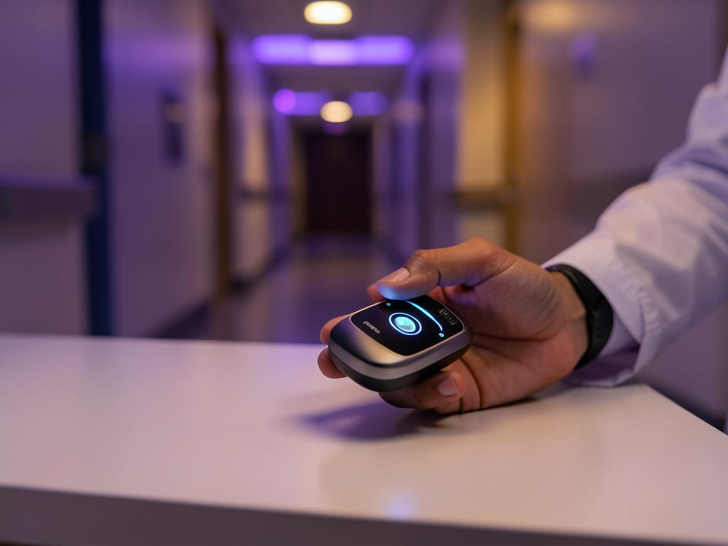 A connected medical device held in a hand on a clinic desk