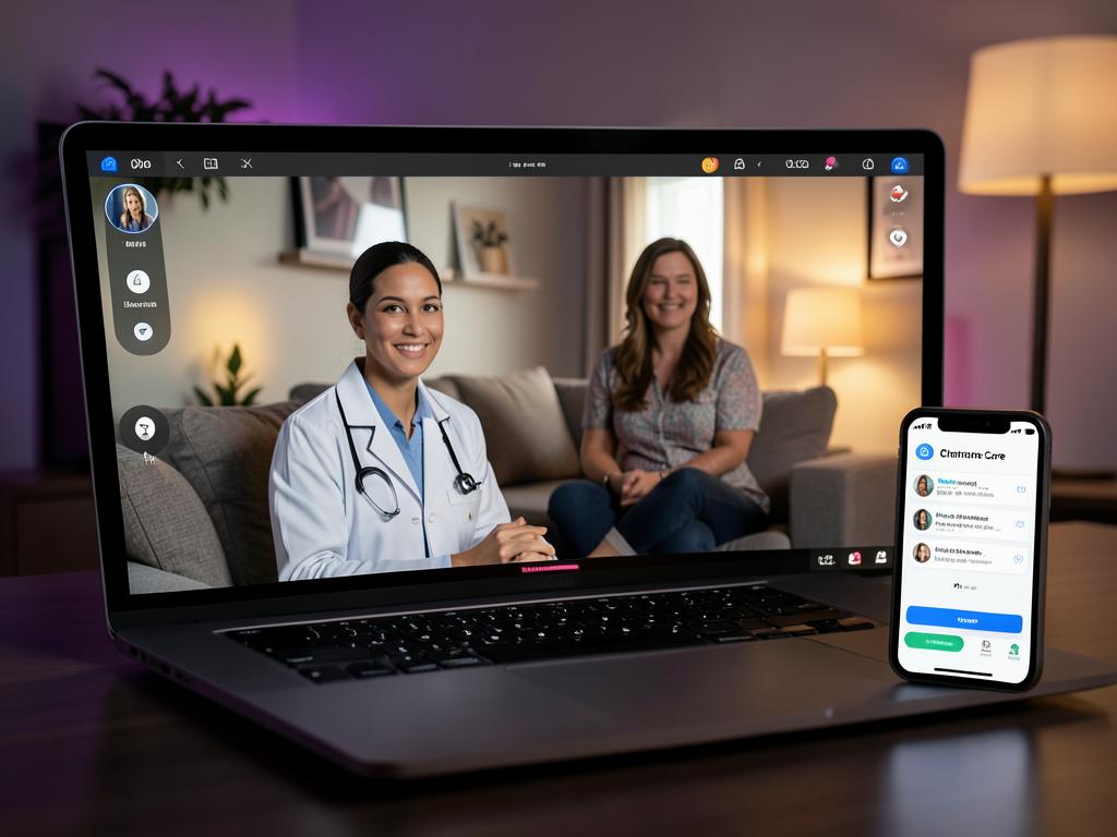 A telehealth video consultation on a laptop beside a chronic-care app on a phone